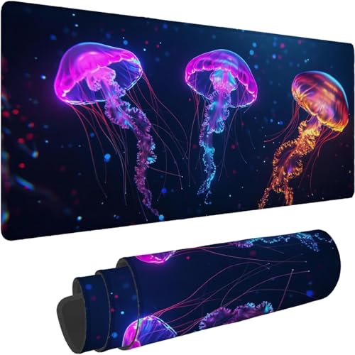 Gaming Mauspad 600 x 300 x 3mm Mauspad XXL Wasserdicht Abriebfest mit Vernähten Kanten Blau Schreibtischunterlage Verbessert Geschwindigkeit und Präzision für Laptop Computer, Qualle Muster xn-547 von Lchtooog