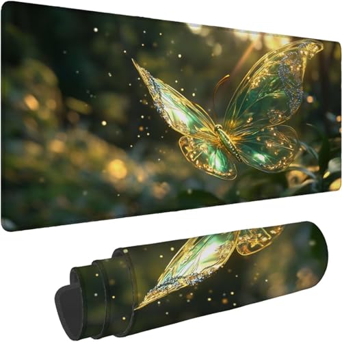 Gaming Mauspad 600 x 300 x 3mm Mauspad XXL Wasserdicht Abriebfest mit Vernähten Kanten Grün Schreibtischunterlage Verbessert Geschwindigkeit und Präzision für PC, Büro Schmetterling Muster xn-589 von Lchtooog