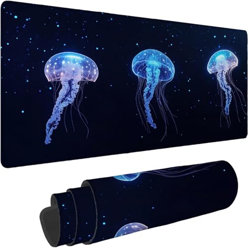 Gaming Mauspad 800 x 400 x 3mm Mauspad XXL Wasserdicht Abriebfest mit Vernähten Kanten Blau Schreibtischunterlage Verbessert Geschwindigkeit und Präzision für Laptop Computer, Qualle Muster xn-548 von Lchtooog
