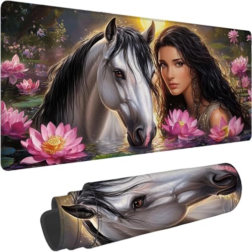 Mauspad 700 x 350 x 3mm Gaming Mousepad Premium Schreibtischunterlage Rutschfest und Wasserdicht Fransenfreie Ränder Verbessert Geschwindigkeit und Präzision für Home Office Pferde Frau Muster xn-608 von Lchtooog
