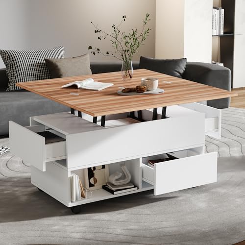 100x50x52cm Couchtisch mit 4 Rollen,multifunktionaler Wohnzimmertisch mit 4 Schubladen, anhebbarer Kaffeetish, höhenverstellbar Sofatisch,Beistelltisch und Esstisch mit Stauraum,Weiß + Holzfarbe 100x50x52cm Couchtisch mit 4 Rollen,multifunktionaler Wohnzimmertisch mit 4 Schubladen, anhebbarer Kaffeetish, höhenverstellbar Sofatisch,Beistelltisch und Esstisch mit Stauraum,Weiß + Holzfarbe von Lcoho