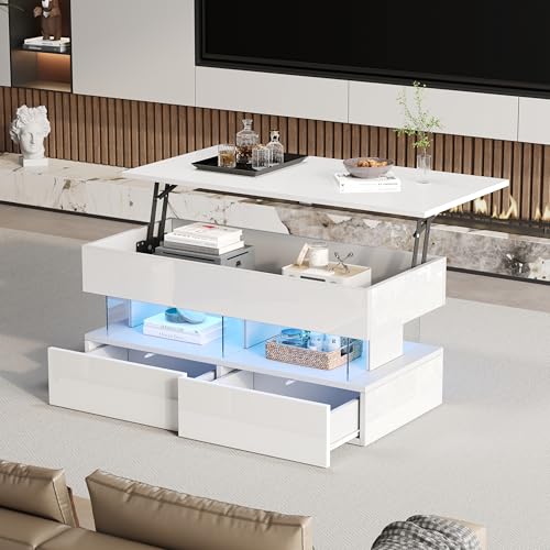 120 x 50 x 46 cm Anhebbarer CouchtischSofatisch mit höhenverstellbarer Tischplatte und verstecktem Stauraum,Hochglanz-Beistelltisch mit LED,kaffeetisch mit 2 Schubladen,Weiß,MDF + gehärtetes Glas von Lcoho