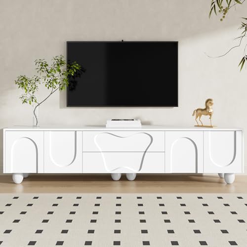 180 cm TV-Schrank mit Holzbeinen –Ein minimalistischer und eleganter TV-Schrank mit viel Stauraum, einzigartigem Design und flexiblen Aufbewahrungsmöglichkeiten für ein stilvolles Wohnzimmer (Weiß) von Lcoho