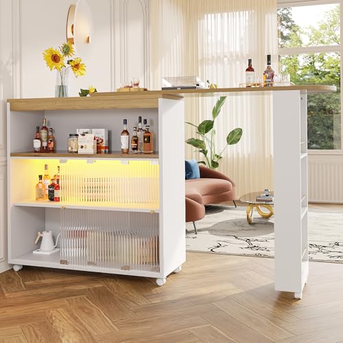Ausziehbarer Bartisch mit Stauraum, Teleskopischer Bartisch mit LED, Stehtisch Bistrotisch Hochtisch Kücheninsel Bistro Table,Großer Stauraum(138-204×39×105cm) (MDF, Weiß) von Lcoho