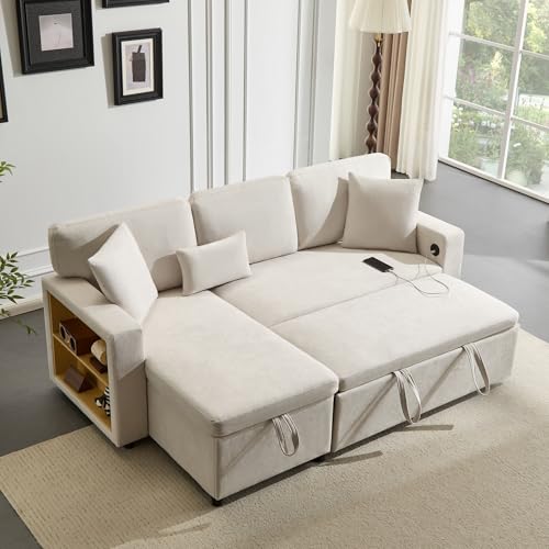 Corner Sofa Bett Eckcouch Couch L-Form Schlafcouch Ausziehbar, Bettkasten und integriertem Regal (Beige) von Lcoho