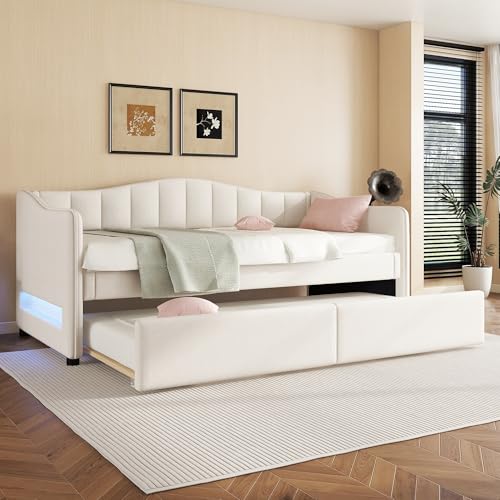 Daybettt, 90x200cm Tagesbett mit ausziehbarem Bett, Schlafsofa, Einzelbett(Ohne Matratze), Ambiente-Licht-Design, Leinen, minimalistisches Styling (Beige) von Lcoho