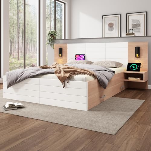 Doppelbett Holzbett Bettanlage140×200cm mit 2 Schubladen,Kopfteil Leselicht mit USB Ladefunktion,Modernes Bett inkl.2 Nachtkommode,Bettgestell &Lattenrost Set in Eiche/Weiß(Ohne Matratze) (140x200cm) von Lcoho