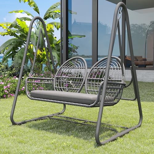 Gartenschaukel, Hollywoodschaukel mit Rückenlehne, Gartenmöbel-Set für den Außenbereich,Doppelschaukel aus PE-Rattan, 2 Sitze, Dunkelgrauer Sitzrahmen und Kissen (Dark Gray) von Lcoho