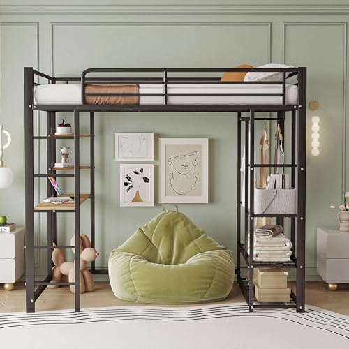 Hochbett mit Leiter (90x200cm), Einzelbett Kinderbett mit Tisch mit einfacher Aufhängung mit Ablagefächern, Schwarz von Lcoho