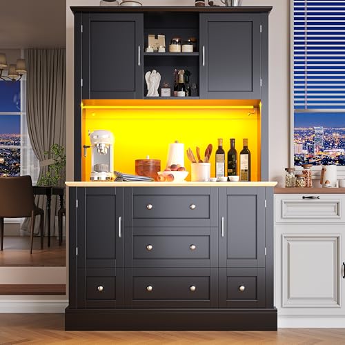 Hochwertiger Hochschrank mit LED-Beleuchtung und App-Steuerung (120×40×180cm ), Moderner Wohnzimmerschrank mit 4 Türen & 3 Schubladen, Küchenvitrine mit Musik-Lichtfunktion & Kippschutz (115x40x180cm) von Lcoho