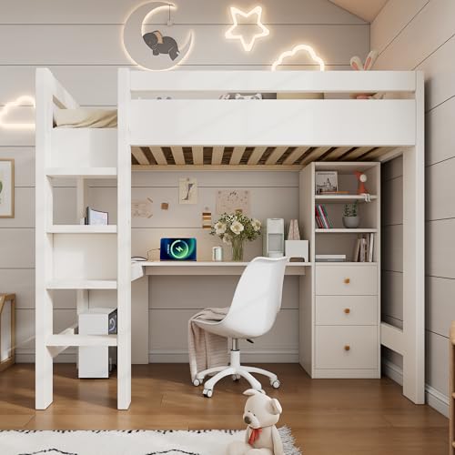Kinderbett Hochbett mit L-förmigem Schreibtisch, Regalen und Schubladen mit USB/Type-C Ladebereich, Jugend-Einzelbett mit Leiter und Holzlattenrost (90×200cm) Weiß, ohne Matratze. von Lcoho