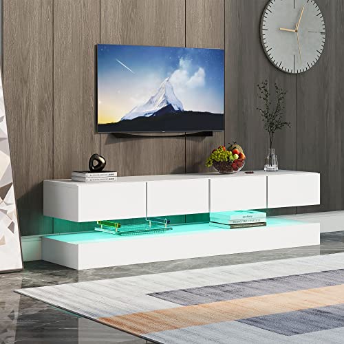 LED TV Lowboard,Wandmontierter TV-Schrank,TV-Ständer, TV-Möbel mit 2 Schränken und 4 großen Schubladen, 16-farbige LED-Beleuchtung Wandschrank für bis zu 55 Zoll Fernseher Weiß (130x33x15cm) von Lcoho