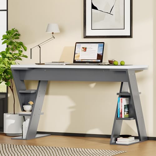 Lcoho 120 x 50 x 74 cm einfacher Schreibtisch, Schreibtisch mit X-förmiger Halterung, Lagerregal mit sechs Positionen, farblich abgestimmtes Design in Grau und Weiß, stilvoll und robust, Grau + Weiß Lcoho 120 x 50 x 74 cm einfacher Schreibtisch, Schreibtisch mit X-förmiger Halterung, Lagerregal mit sechs Positionen, farblich abgestimmtes Design in Grau und Weiß, stilvoll und robust, Grau + Weiß von Lcoho