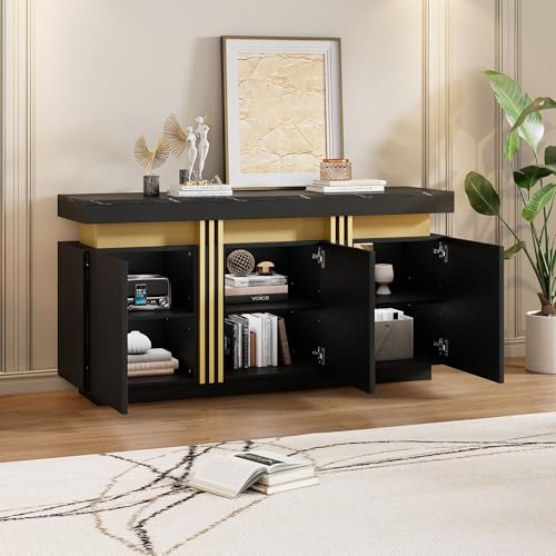 Lcoho 140x38x70cm Modernes weißes Sideboard-Display, 3 Türen, Esszimmerschrank mit verstellbaren Trennwänden, perfekt für Küche, Wohnzimmer, Esszimmer,breite grifflose Schließfächer (Black) von Lcoho