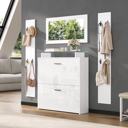 Lcoho 89.5x23x96.5cm Garderoben-Set 4-teilig mit Spiegel,2 Hutablage und Hochglanz Schuhschrank.Flur Garderobenständer Kleiderständer Set,Flurgarderoben Set,Kompaktgarderobe mit 8 Kleiderhaken,Weiß von Lcoho