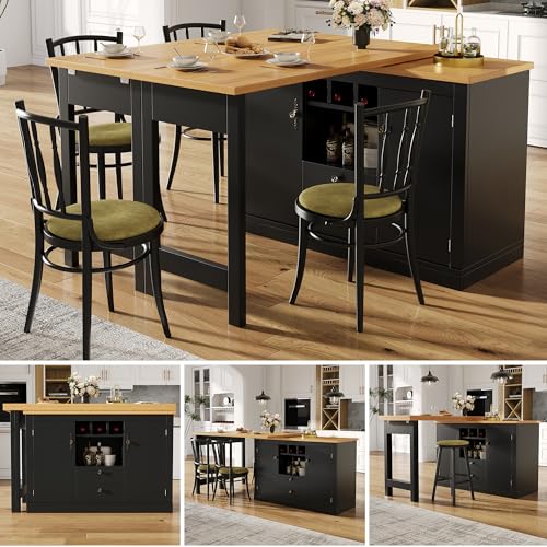 Lcoho Ausziehbarer Bartisch mit LED-Beleuchtung und 360° Drehfunktion, Höhenverstellbar 120-180cm, Moderner Kücheninsel Tisch mit Stauraum, für Wohnzimmer, Esszimmer, Homeoffice (Natural，Black) von Lcoho