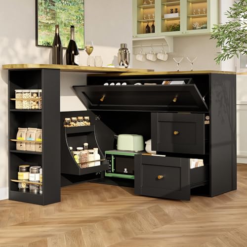 Lcoho Ausziehbarer Bartisch mit Stauraum(138-204×39×105cm), Küchenschrank, Sideboard mit Snackregal, Teleskopischer Bartisch, Stehtisch Bistrotisch Hochtisch Kücheninsel, schwarz von Lcoho