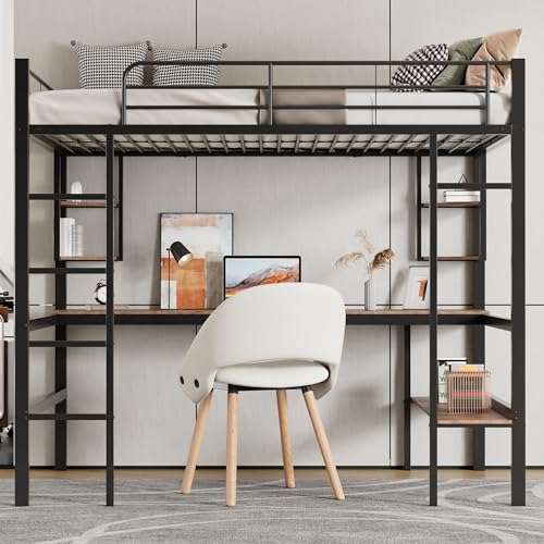Lcoho Bettgestell Metallbett, Eisenbett mit Schreibtisch, Hochbett mit Vier kleinen Regalen und einem großen Bücherregal für Kinder, Jugendliche und Erwachsene, schwarz Lcoho Bettgestell Metallbett, Eisenbett mit Schreibtisch, Hochbett mit Vier kleinen Regalen und einem großen Bücherregal für Kinder, Jugendliche und Erwachsene, schwarz von Lcoho