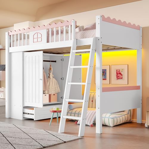 Lcoho Hochbett, Kinderbett (Ohne Matratze), mit LED-Leuchten, mit Kleiderschrank, mit Ablageschublade, EN747 Zertifiziert, Kiefernholz, 90x200cm, Weiß (Mit Kleiderschrank) von Lcoho