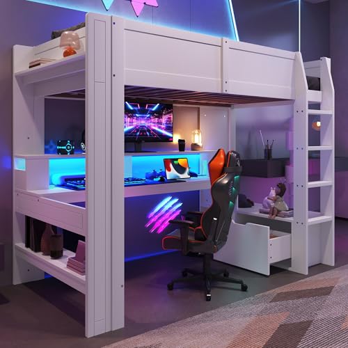 Lcoho Hochbett,90x200cm,Gaming Bett mit Schreibtisch, Mit LED-Leuchten, Schreibtisch,Schublade, Regale, ohne Matratze, Weiß (90x200cm) von Lcoho