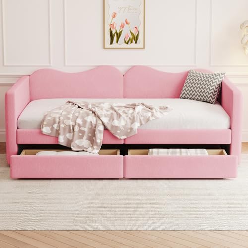 Lcoho Kinderbett Polsterbett(90x200 cm), Sofabett mit 2 Schubladen, Bettrahmen Teddybärstoff, Multifunktionsweichbett mit Rückenlehne und Armlehnen, Jugendbett Gästebett Rosa von Lcoho