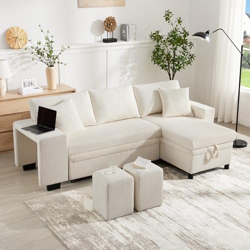 Lcoho Klappsofa mit Schlaffunktion, L-förmiges umbaubares Ecksofa mit USB-Ladeanschluss und Kissen, 3-Sitzer-Umbausofa mit Seitenablagen und Stauraum (Beige) von Lcoho