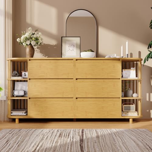 Lcoho Kommode Sideboard 160cm Eiche, Römisches Design mit Säulen & Bambus-Regalen, 6 Schubladen & offene Regale, Höhenverstellbare Füße, H75/B160/T40 cm von Lcoho