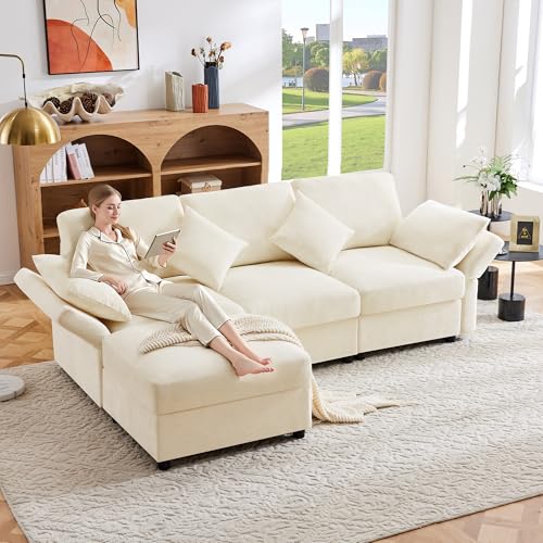 Lcoho L-förmiges Ecksofa mit Fußhocker, umwandelbares 3-Sitzer-Schlafsofa, 4 Kissen, verstellbare Armlehnen, bequemer Chenille-Stoff, geeignet für Wohnzimmer/Büro/Wohnung, (Beige) von Lcoho