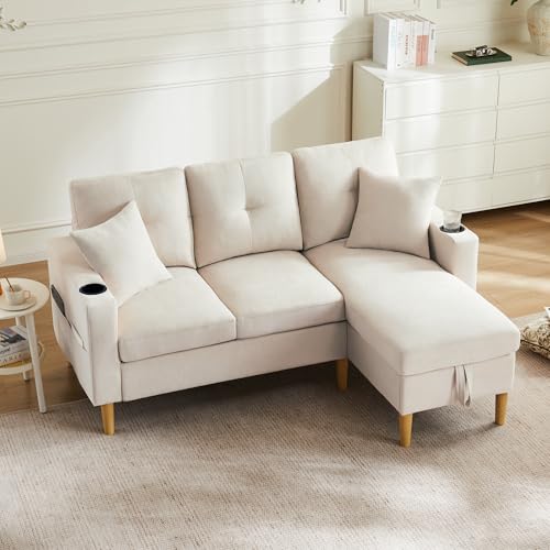 Lcoho L-förmiges modernes Sofa, 3-Sitzer-Sofa mit Chaiselongue, Stauraum, integriertem Getränkehalter, Wird mit 2 Kissen geliefert, geeignet für Wohnzimmer, Büro, Wohnung usw. (Beige) von Lcoho