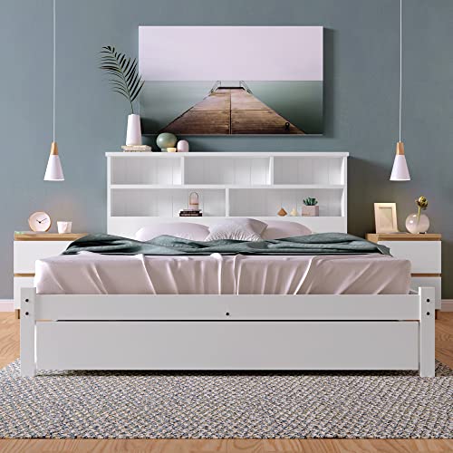 Lcoho Massivholz Doppelbett mit Schubladen und Lattenrost, Bücherregal Jugendliche und Erwachsene Kinderbett, Weiß (Ohne Matratze) (140x200cm) von Lcoho