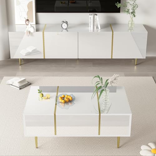 Lcoho Moderner Hochglanz-Weiß TV-Schrank und Couchtisch Set (Teetisch+TV-Schrank+Weiß) von Lcoho