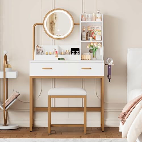 Lcoho Moderner Schminktisch mit LED-Beleuchtung, drehbarem Spiegel & Steckdosen – inkl. Hocker & goldenen Metallbeinen – 2 Schubladen + 2 offene Ablageflächen, weiß, Maße: 80×138,5×40 cm (B×H×T) von Lcoho