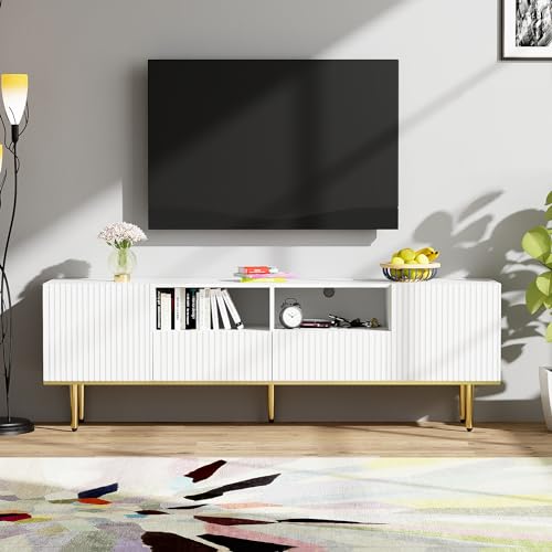 Lcoho Moderner TV-Schrank, TV-Möbel mit goldenen Füßen und goldenem Rand Beschreibung (White) von Lcoho