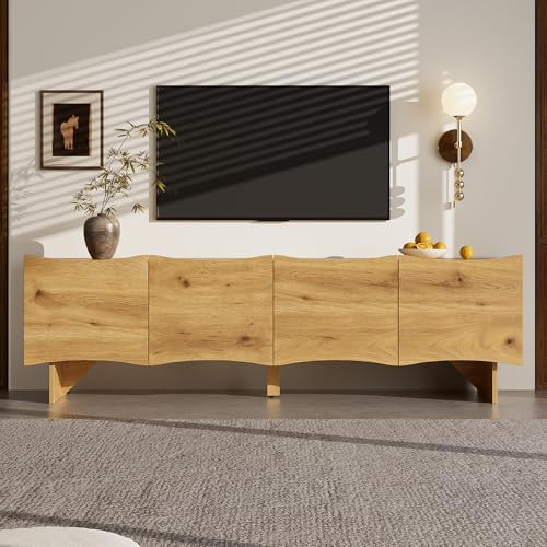 Lcoho Moderner TV-Schrank mit Wellenmuster – 155 cm Medienkonsole mit Stauraum, Vier Türen und Kabeldurchführungen in Holzoptik, stilvolles Design für Wohnzimmer von Lcoho