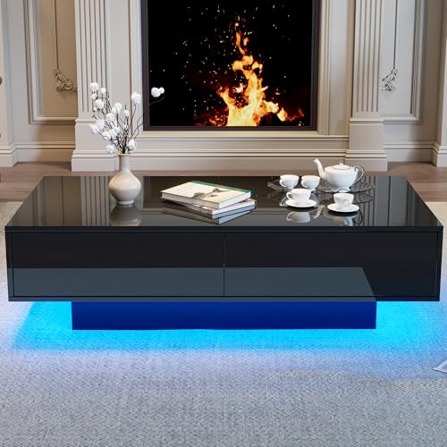Lcoho Moderner schwarzer Hochglanz-Couchtisch,(115 x 55 x 34 cm) mit 2 Schubladen, LED-Beleuchtung und 30 kg Belastbarkeit - Eleganter Wohnzimmer-Couchtisch von Lcoho