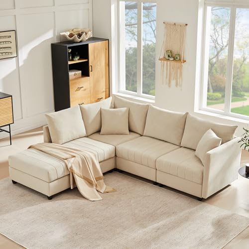 Lcoho Modernes Ecksofa mit vertikalen Streifen, Modulares Sofa, 5-Sitzer, mit umwandelbarem Fußhocker, L-förmiges, U-förmiges, geeignet für Wohnzimmer (Beige) von Lcoho