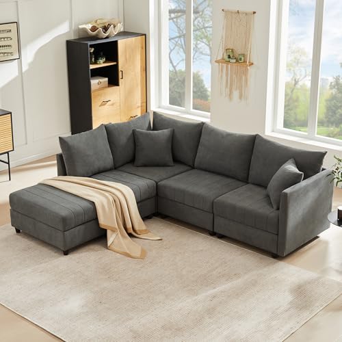 Lcoho Modernes Ecksofa mit vertikalen Streifen, Modulares Sofa, 5-Sitzer, mit umwandelbarem Fußhocker, L-förmiges, U-förmiges, geeignet für Wohnzimmer (Gray) von Lcoho
