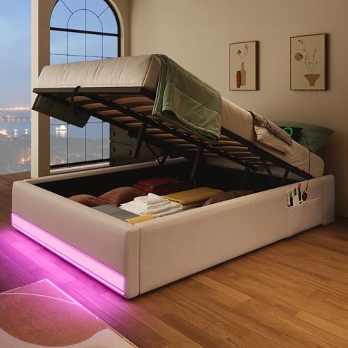 Lcoho Polsterbett,(90x200cm) Fernbedienbare LED-Leiste,Mit USB und Typ-C, Mit kleinen Aufbewahrungstaschen, Kein Kopfteil-Design, Hydraulische Speicherfunktion, Keine Matratze (Beige, 90x200cm) von Lcoho