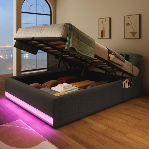 Lcoho Polsterbett,(90x200cm) Fernbedienbare LED-Leiste,Mit USB und Typ-C, Mit kleinen Aufbewahrungstaschen, Kein Kopfteil-Design, Hydraulische Speicherfunktion, Keine Matratze (Grau, 90x200cm) von Lcoho