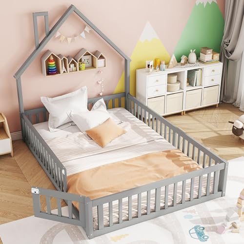 Lcoho Polsterbett, 140 x 190 cm, Kinderbett mit Schornsteinform, Bett mit Lattenrost (ohne Matratze), Kiefernholz, Minimalistischer Stil, Grau von Lcoho