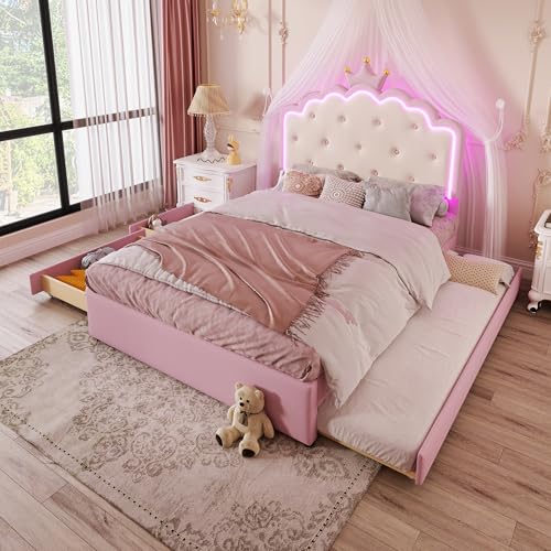 Lcoho Polsterbett, 140 x 200cm, mit Lattenrost (ohne Matratze), Ambiente-Beleuchtung mit Fernbedienung, Kronprinzessinnenform, Ausziehbett, 2 Schubladen, Material PU, Rosa von Lcoho