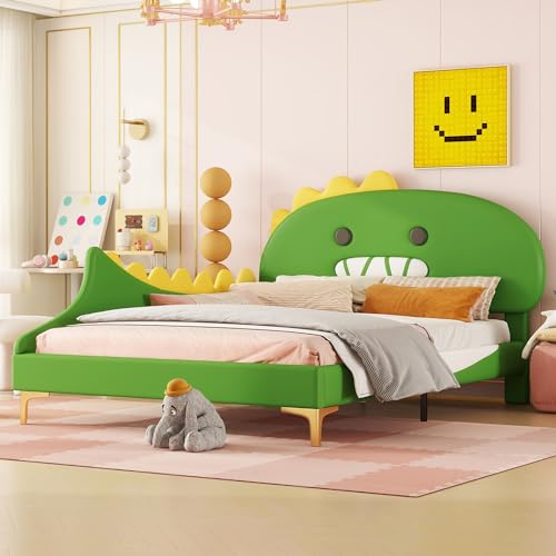 Lcoho Polsterbett, Kinderbett, Cartoon Dinosaurier Form, Flachbett, PU Material (Grün, 140x200cm) von Lcoho