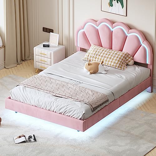 Lcoho Polsterbett (140 x 200 cm), Gepolsterter Schwebebett Rahmen mit LED-Leuchten und Kopfteildesign, flächiges Doppelbett-Gästebett in hautfreundlichem Samtstoff (Rosa) von Lcoho
