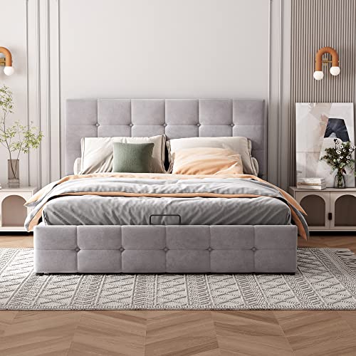 Lcoho Polsterbett (140x200cm), Doppelbett mit Hydraulisch anhebbarer Bettstauraum,höhenverstellbares Polsterkopfteil, Metalllattenrost, Hautfreundlicher Samtstoff Erwachsenen Jugendbett (Grau) von Lcoho