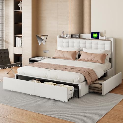 Lcoho Polsterbett (160x200 cm), Nachttisch mit USB-Ladeanschluss und Ablage, Doppelflachbett mit 4 Schubladen, Leinenstoff Beige von Lcoho