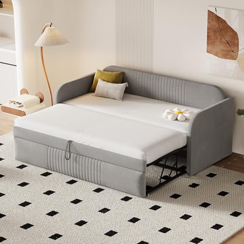 Lcoho Polsterbett Ausziehbares Schlafsofa (90/180x190 cm), mit vertikalen Streifen, mit Lattenrost, Multifunktionsbett, komfortabler und atmungsaktiver Leinenstoff (Hellgrau) von Lcoho