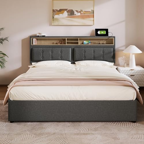 Lcoho Polsterbett Doppelbett mit USB C Steckdose Ladefunktion Kopfteil,Stauraumbetten Bettgestell aus Leinenmaterial Jugendbett (140x200cm) mit lattenrost(Mit Matratze) von Lcoho