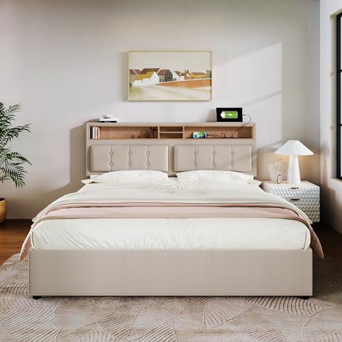 Lcoho Polsterbett Doppelbett mit USB C Steckdose Ladefunktion Kopfteil,Stauraumbetten Bettgestell aus Leinenmaterial Jugendbett (140x200cm) mit lattenrost(Ohne Matratze) von Lcoho