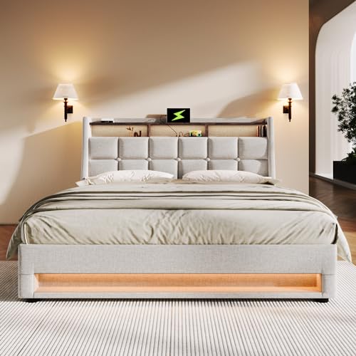 Lcoho Polsterbett mit USB(140x200cm),LED Doppelbett mit Lattenrost aus Metallrahmen,Bettgestell aus Leinenmaterial Jugendbett (Ohne Matratze) von Lcoho