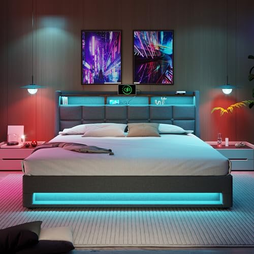Lcoho Polsterbett mit USB (160x200cm),LED Doppelbett mit Lattenrost aus Metallrahmen,Bettgestell aus Leinenmaterial Jugendbett (Ohne Matratze) von Lcoho